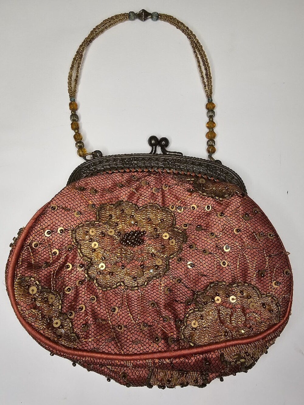 Vintage Christiana Hand Beaded Silk Evening Bag Rose Pink Mauve Floral Mini Bag